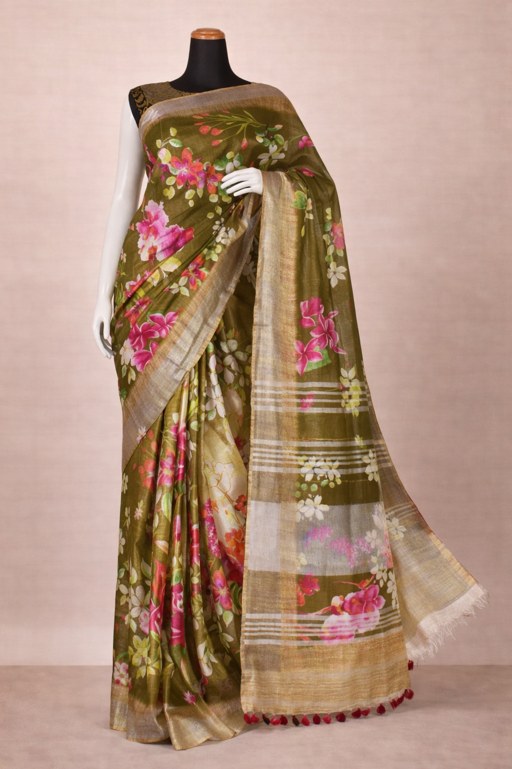 Mehandi Green Floral Linen Saree