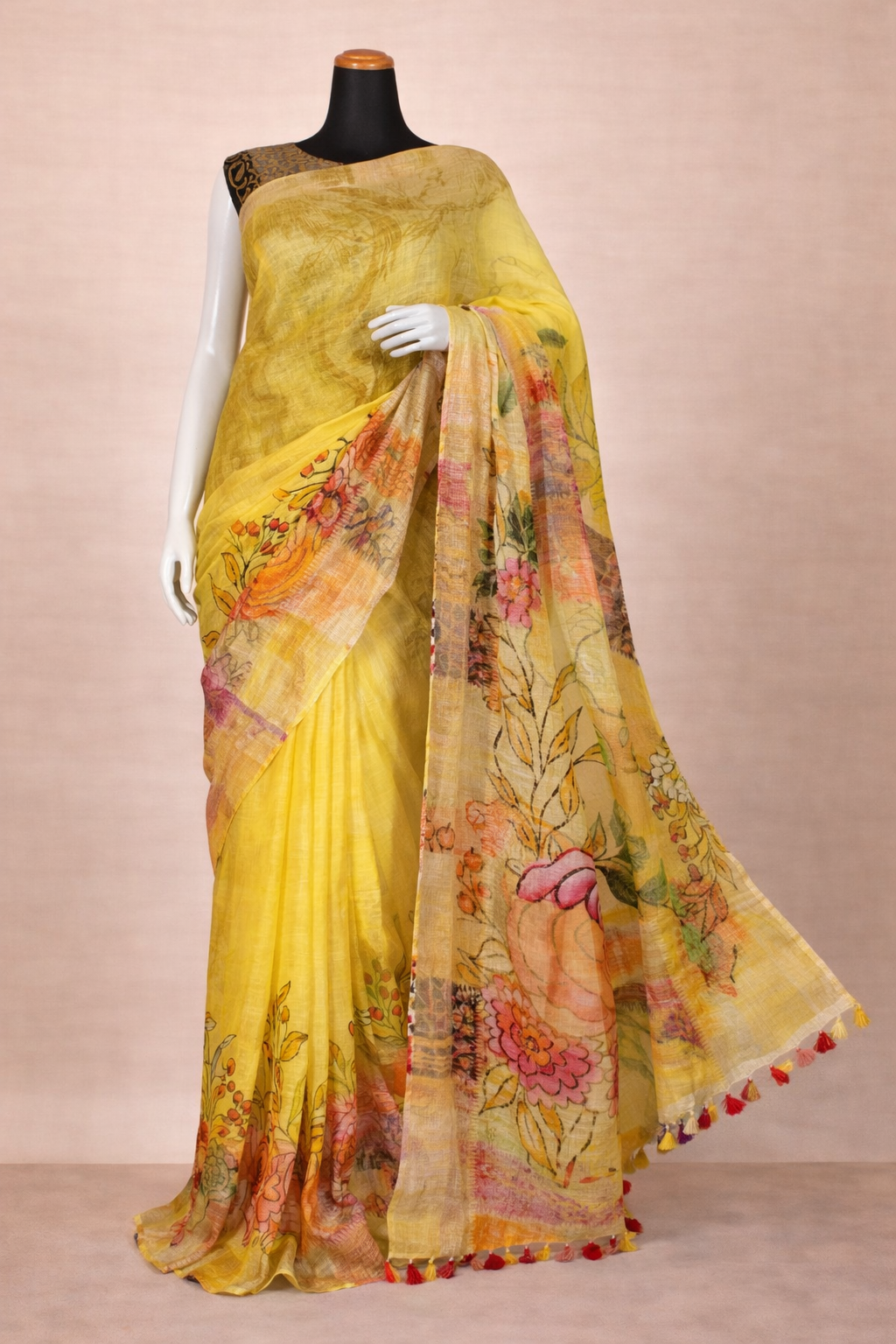 Yellow Floral Linen Saree
