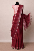 Plain Wine Pinkish Red Linen Saree