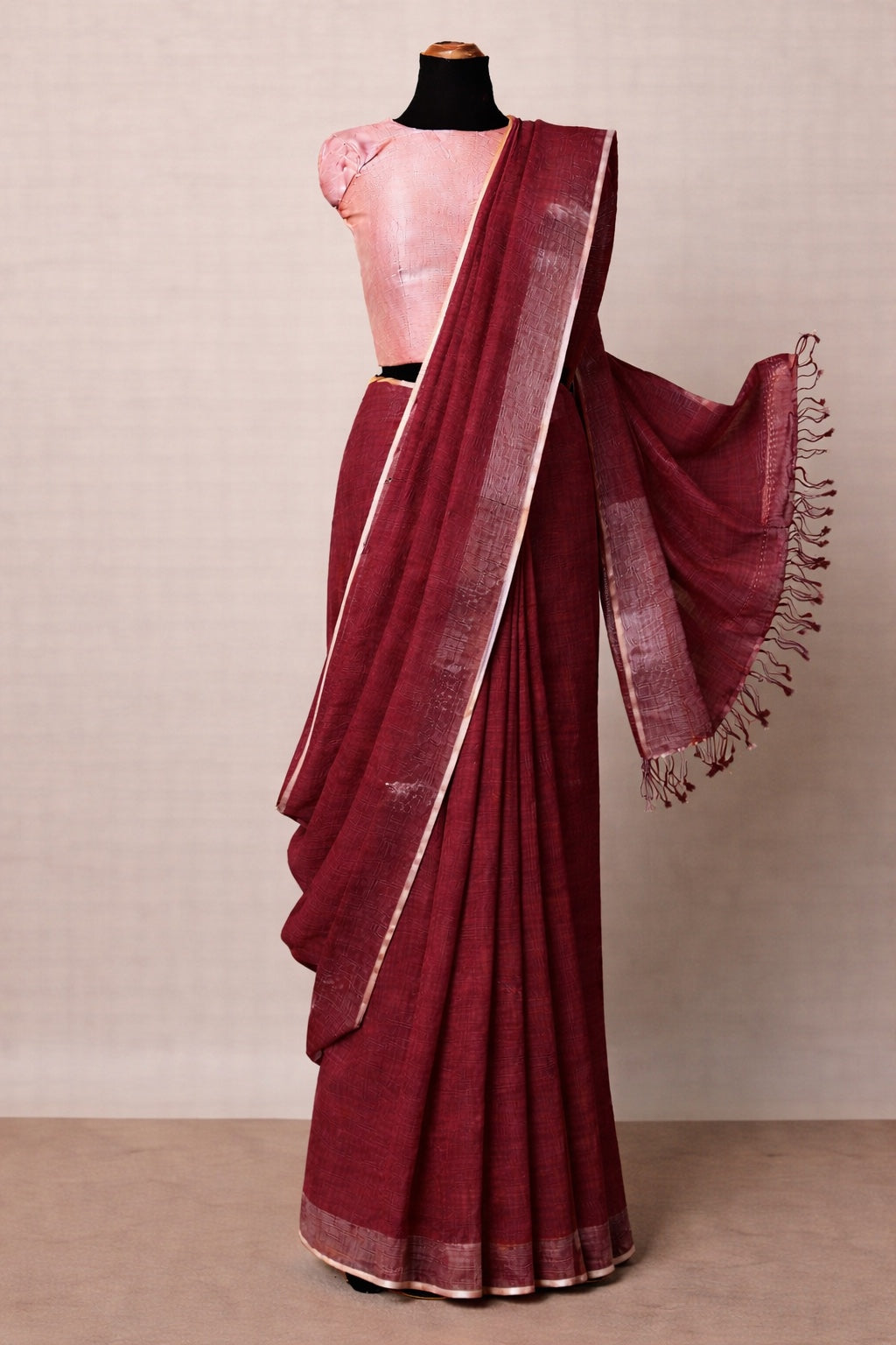 Plain Wine Pinkish Red Linen Saree