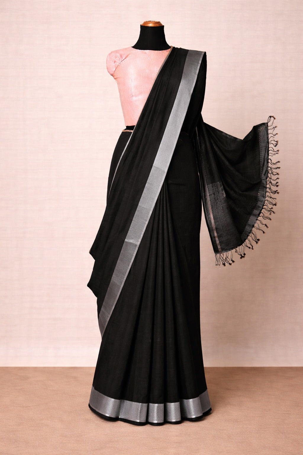 Plain Black Linen Saree