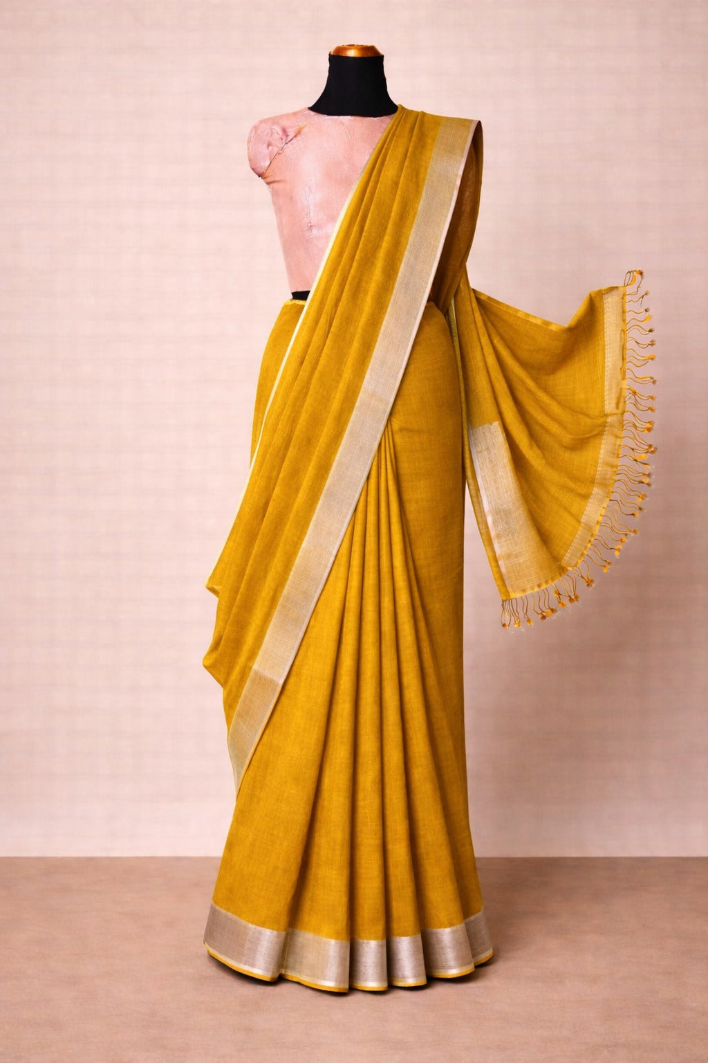 Plain Mustard Yellow Linen Saree