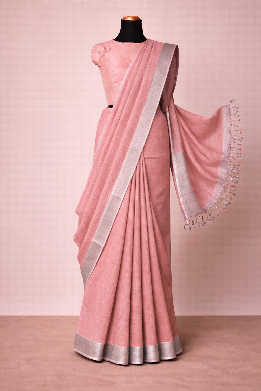 Plain Pastel Pink Linen Saree