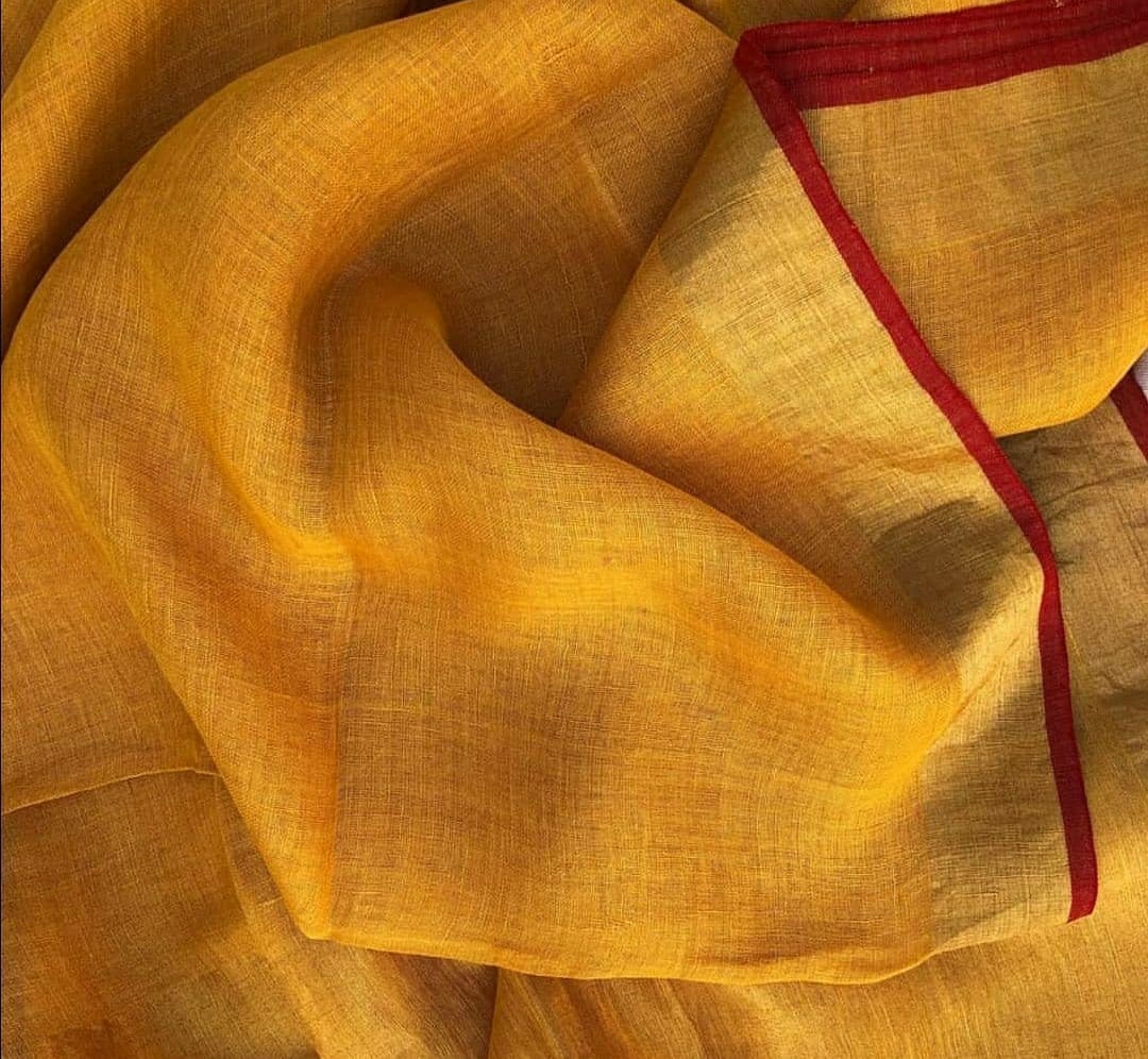 Plain Mango Yellow Linen Saree