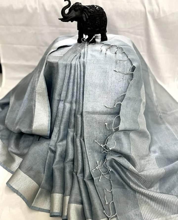 Dark Silver Linen Tissue Saree
