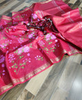 Red Pink Silk Linen Saree with Embroidery