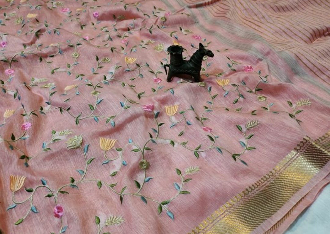 Pastel Pink Silk Linen Saree with Embroidery