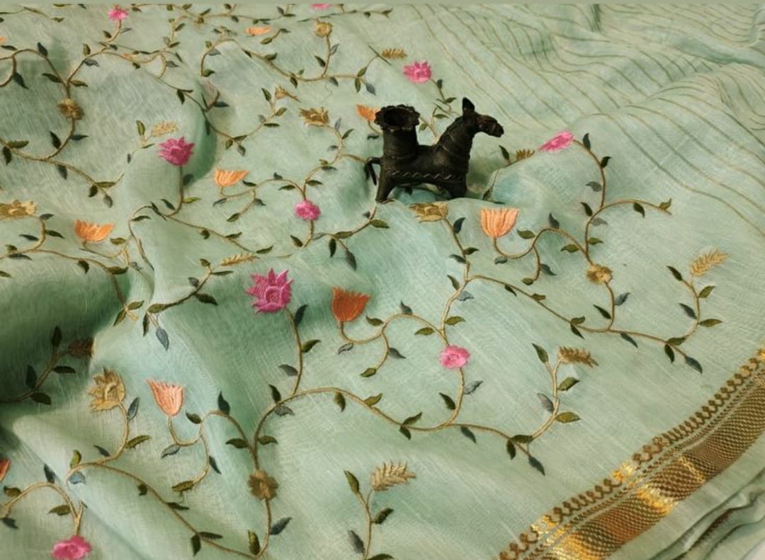 Pastel Green Silk Linen Saree with Embroidery