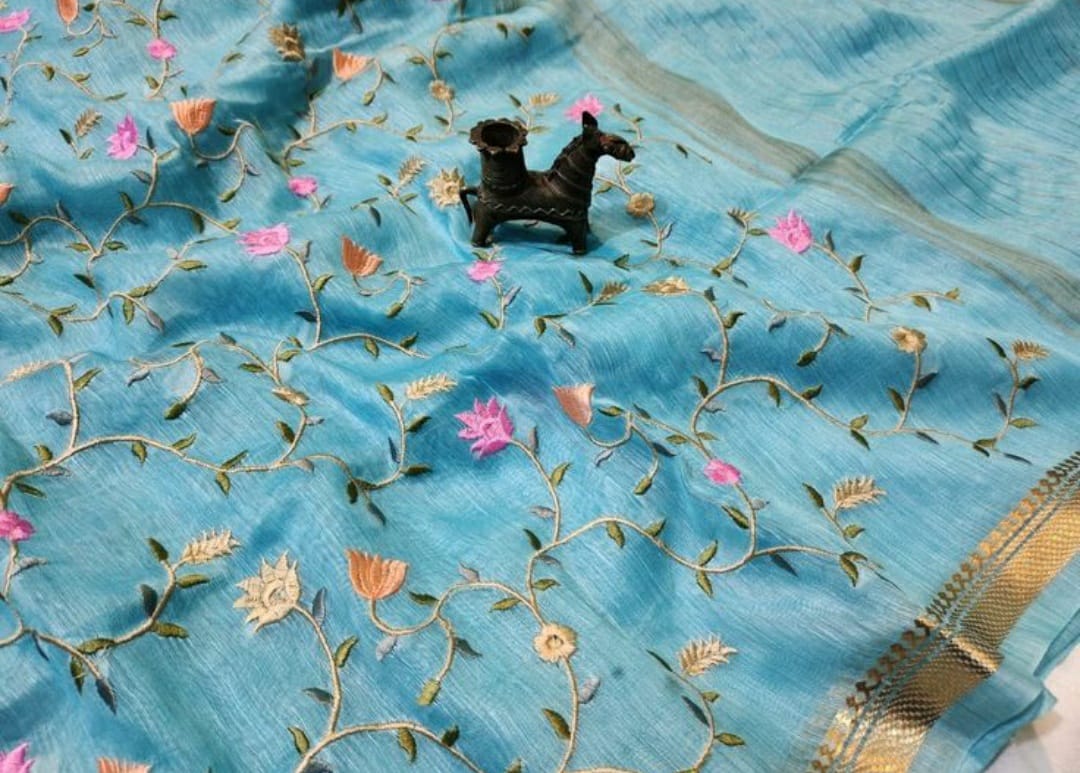 Blue Silk Linen Saree with Embroidery