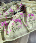 Light Yellow Silk Linen Saree with Embroidery