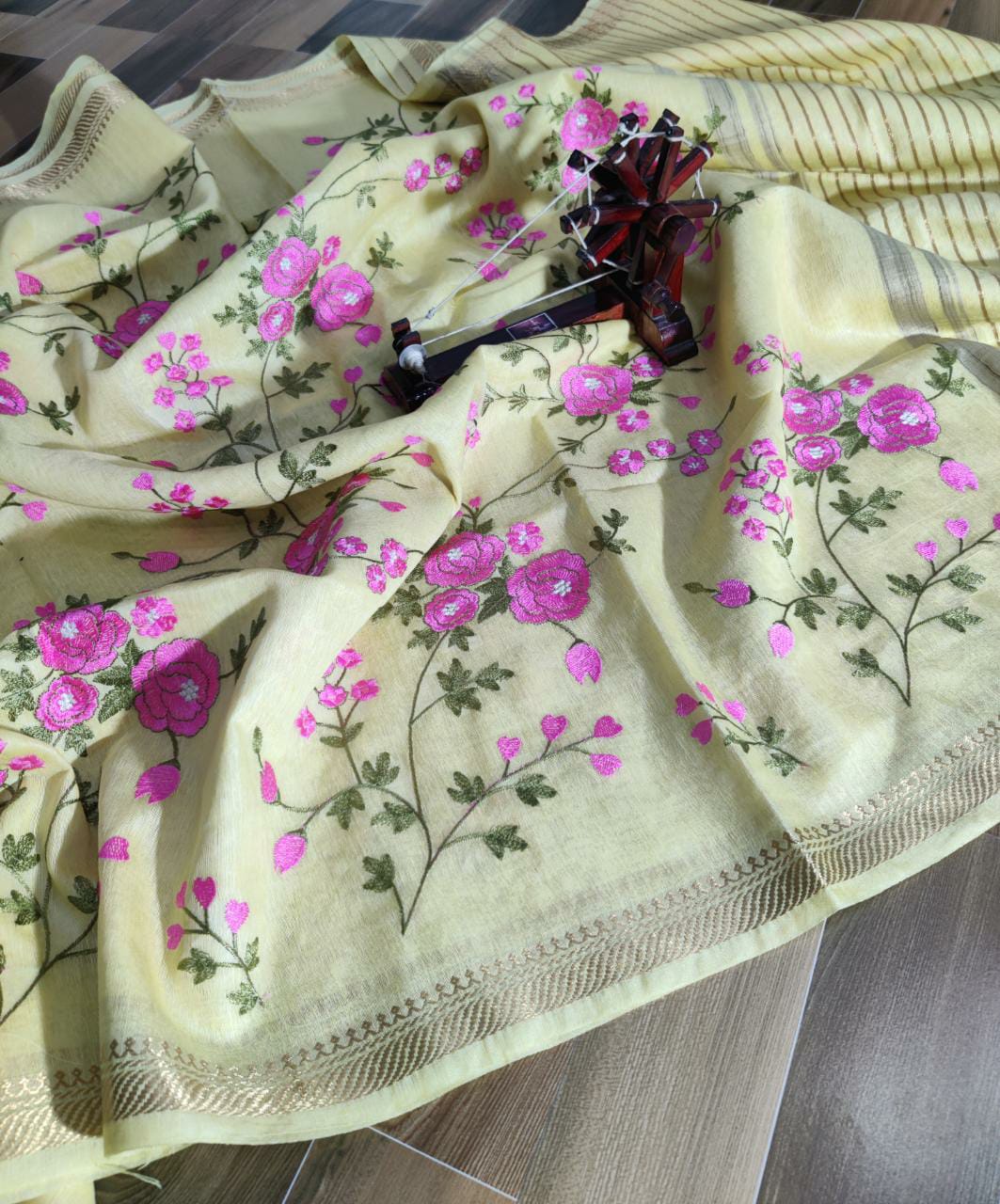 Light Yellow Silk Linen Saree with Embroidery