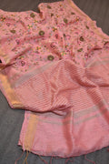 Pink Silk Linen Saree with Embroidery