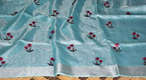 Blue tissue Linen Saree with Embroidery