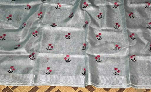 Silver Tissue Linen Saree with Embroidery