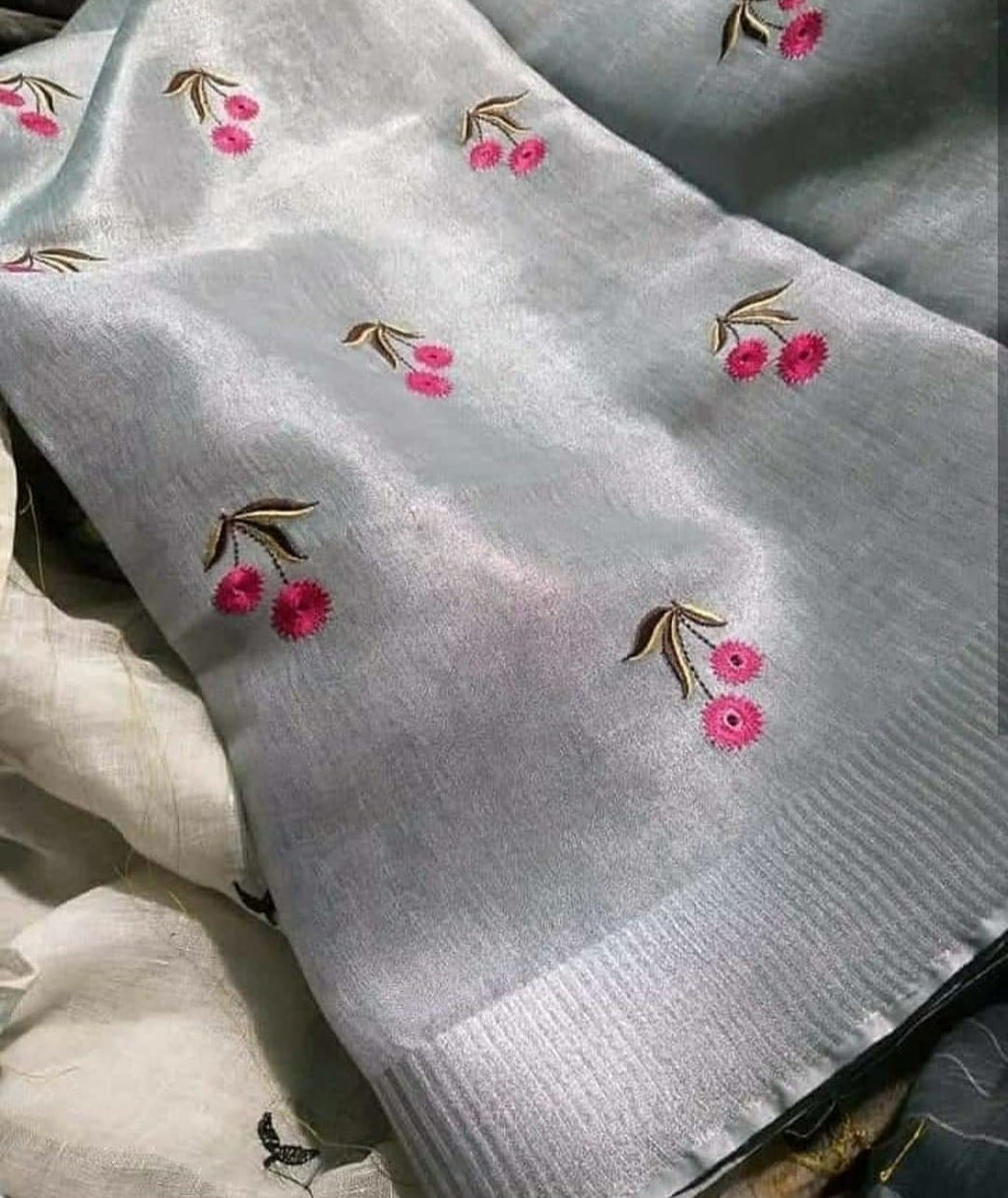 Silver Tissue Linen Saree with Embroidery