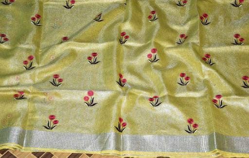 Yellow Tissue Linen Saree with Embroidery