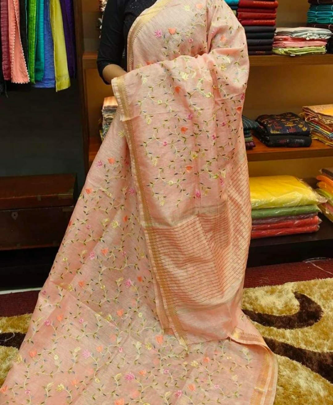 Peach Silk Linen Embroidery Saree