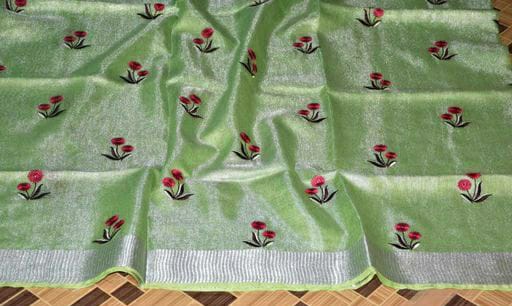 Pastel Green Linen Tissue Saree with Embroidery