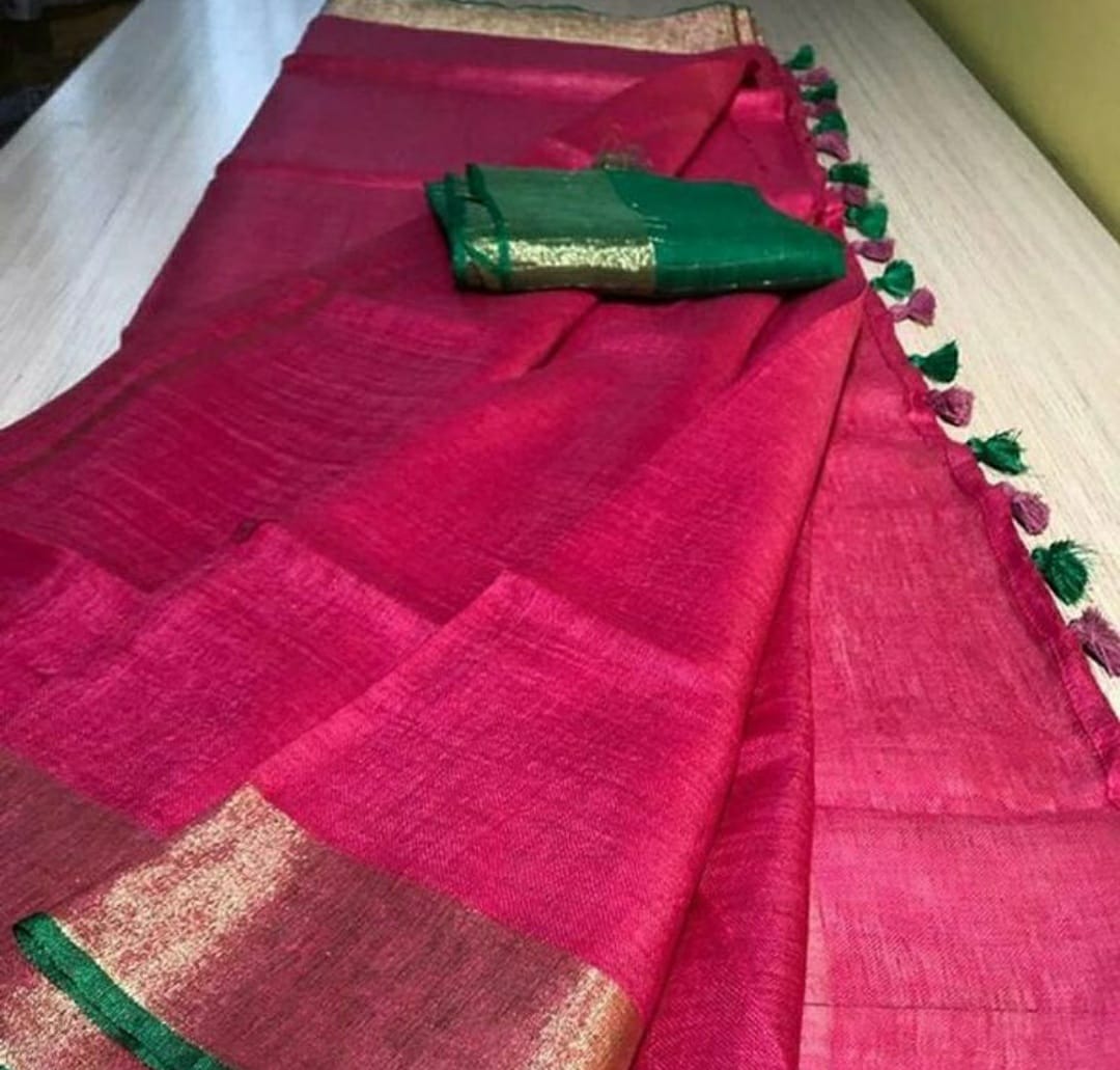 Raddish Pink Plain Linen Saree