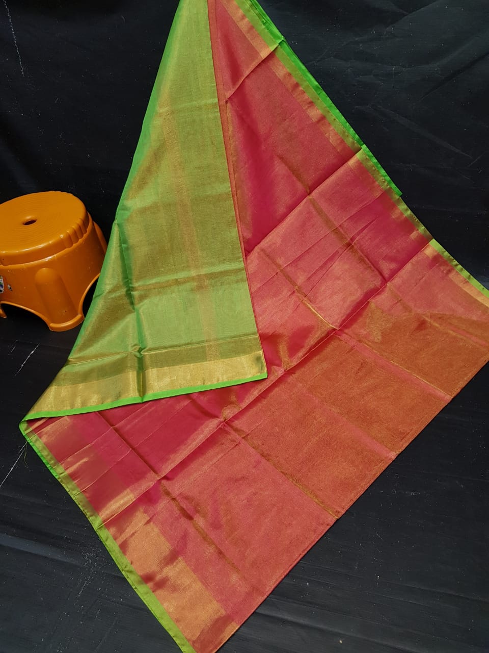 Pink Uppada Tissue Saree With Green Pallu