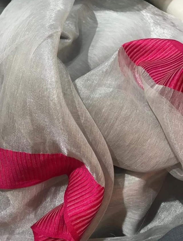 White Tissue Linen Saree With Candy Pink Border