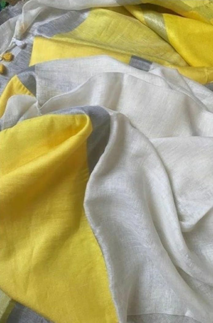 White Plain Linen Saree With Broad Yellow Border