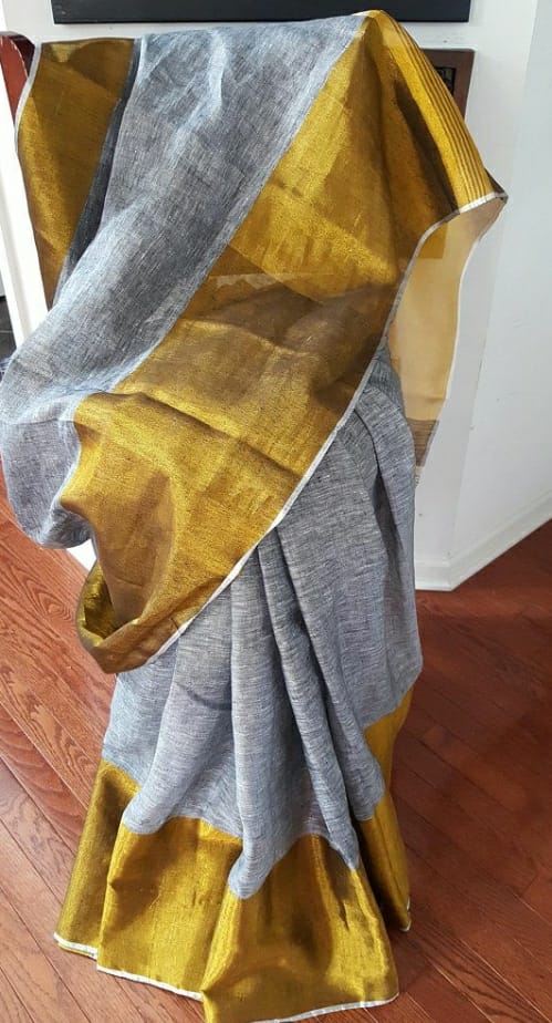 Grey Plain Linen Saree With Broad Gold Zari Border