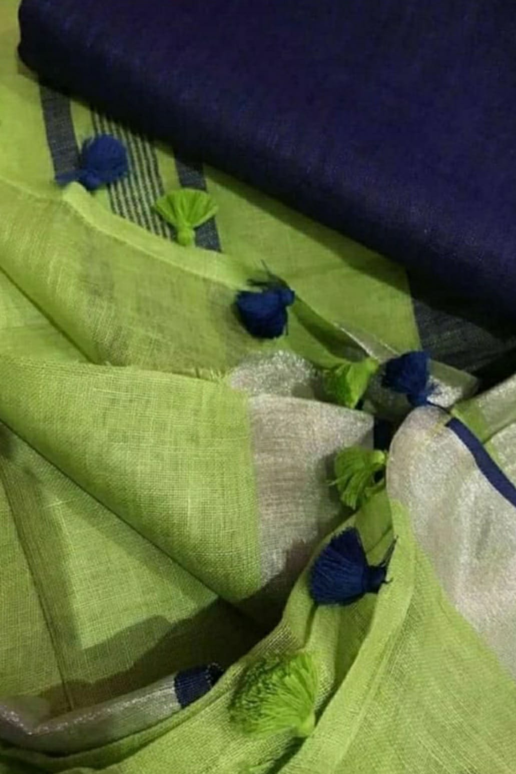 Green Plain Linen Saree