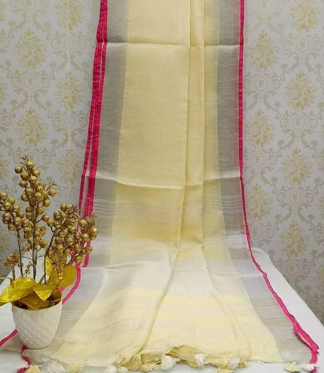 Pale Yellow Plain Linen Saree