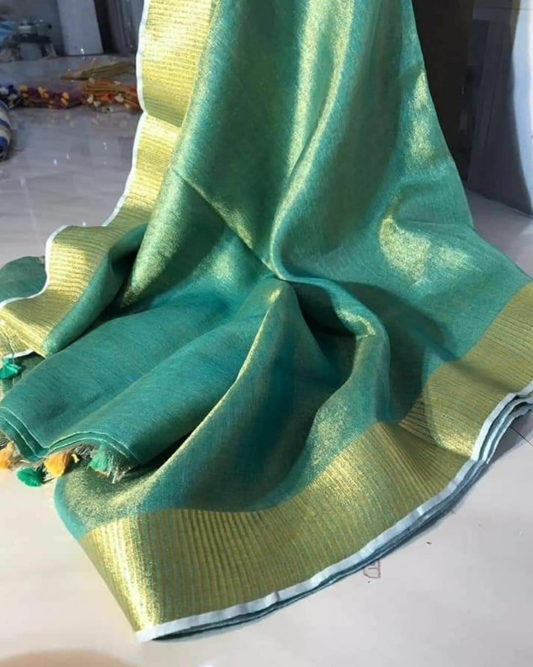 Turquoise Tissue Linen Saree