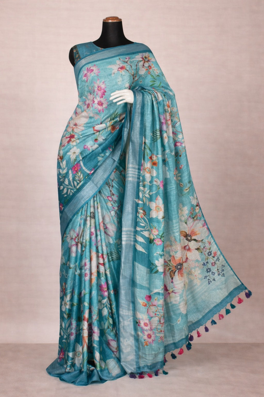Blue Floral Linen Saree