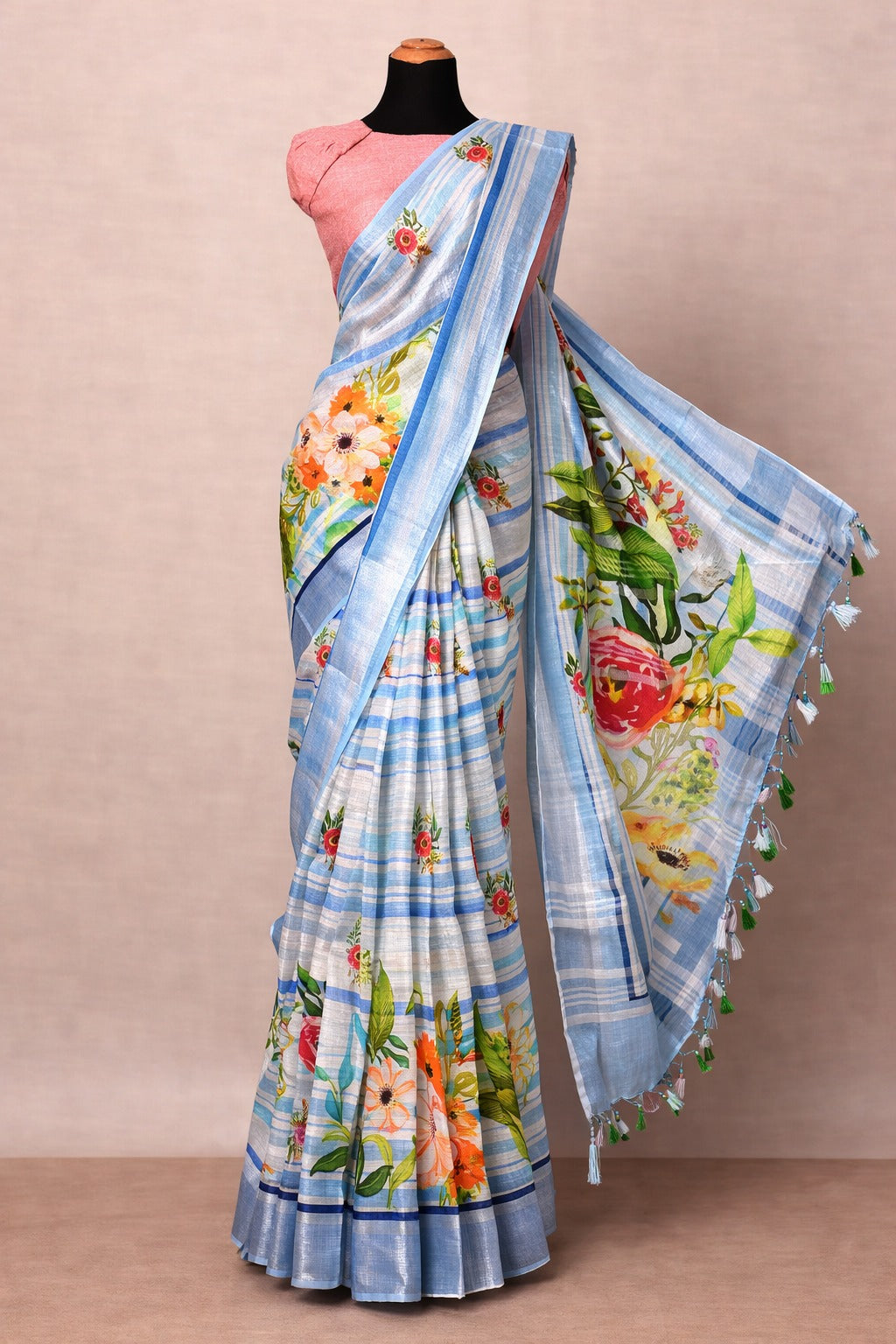 Blue Floral Linen Saree