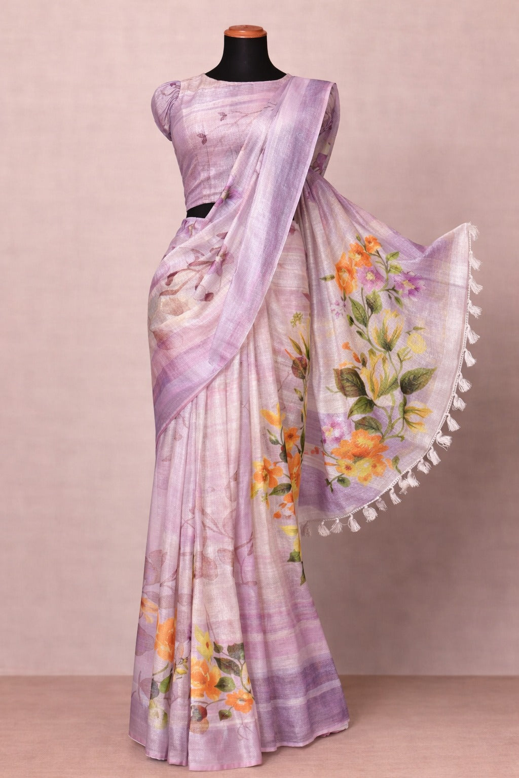 Lilac Floral Linen Saree