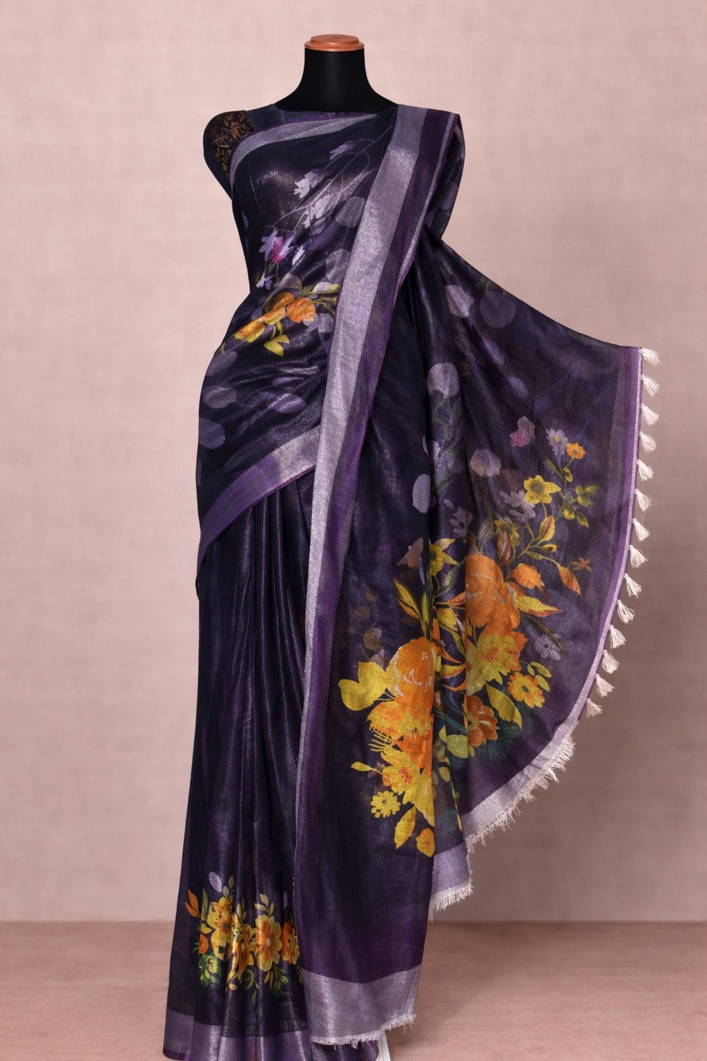 Dark Purple Floral Linen Saree