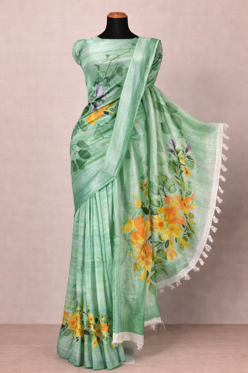Sea Green Floral Linen Saree