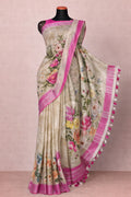 Floral Linen Saree with Pink Border