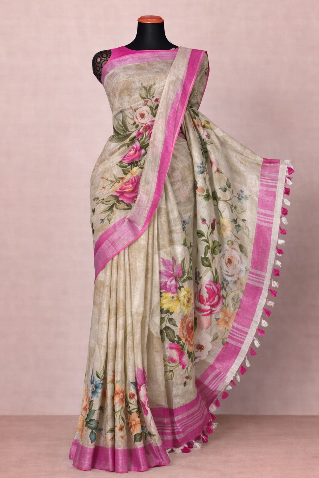 Floral Linen Saree with Pink Border