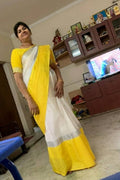 Plain White Linen Saree With Yellow Border