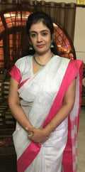 White Linen Tissue Saree with Pink Border