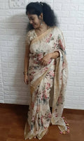 Cream Floral Linen Saree