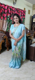 Blue Floral Linen Saree